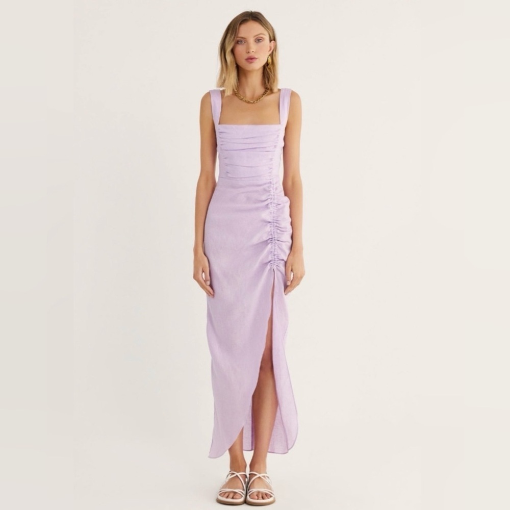 RUMER THE LABEL  Estelle 100% Linen Ruched Maxi Dress Lilac - NEW - Size Small